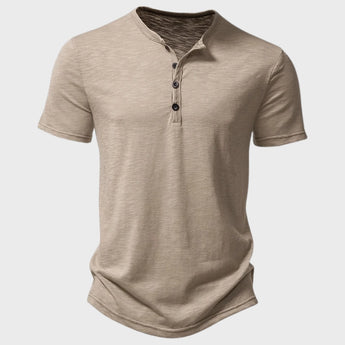 Men's olive green slim fit Henley shirt in khaki color, featuring a buttoned collar and short sleeves.