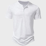 Men's olive green slim fit Henley shirt with short sleeves and a button-up collar, styled as a casual summer tee in size 2XL.