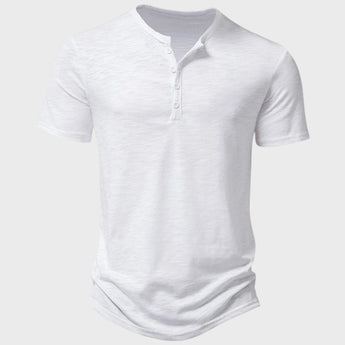 Men's olive green slim fit Henley shirt with short sleeves and a button-up collar, styled as a casual summer tee in size 2XL.