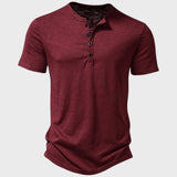 Men's wine red slim fit Henley shirt with short sleeves, featuring a casual and stylish design suitable for summer wear.