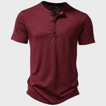 Men's wine red slim fit Henley shirt with short sleeves, featuring a casual and stylish design suitable for summer wear.