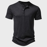Men's black slim fit Henley shirt with short sleeves and a casual collar, suitable for summer wear, shown in size 2XL.