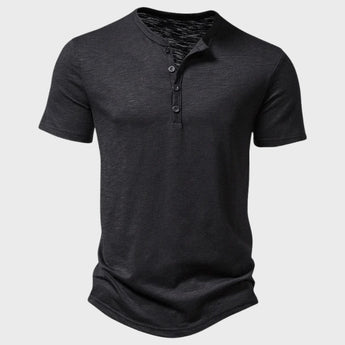 Men's black slim fit Henley shirt with short sleeves and a casual collar, suitable for summer wear, shown in size 2XL.
