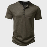Men's olive green slim fit Henley shirt with short sleeves and a buttoned collar in a casual style, displayed in a light green shade for size 2XL.