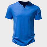 Men's blue slim fit Henley shirt with short sleeves, featuring a casual design suitable for summer wear.