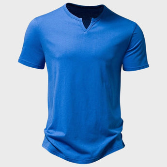 Men's blue slim fit Henley shirt with short sleeves, featuring a casual design suitable for summer wear.