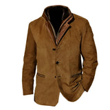 Men's olive green suede blazer with button closure, featuring a classic collar and long sleeves, in a soft natural material, suitable for luxury designer outerwear.