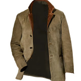 Men's olive green suede blazer, luxury designer sport coat in a khaki shade, featuring long sleeves, a notched collar, and button closures, available in size 5XL.