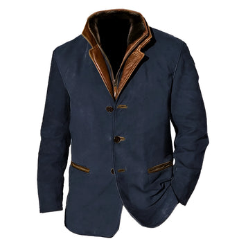 Men's olive green suede blazer with long sleeves, notched collar, and button closure, featuring a designer touch; styled with a dress shirt underneath and a visible pocket detail.