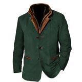 Men's olive green suede blazer featuring a tailored design with a classic collar and buttoned front, showcasing a luxurious and stylish outerwear option.