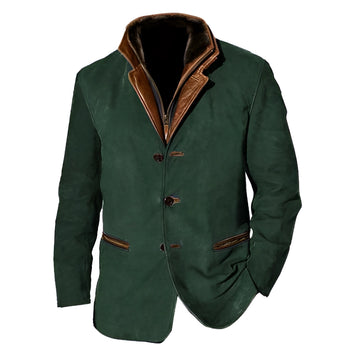 Men's olive green suede blazer featuring a tailored design with a classic collar and buttoned front, showcasing a luxurious and stylish outerwear option.