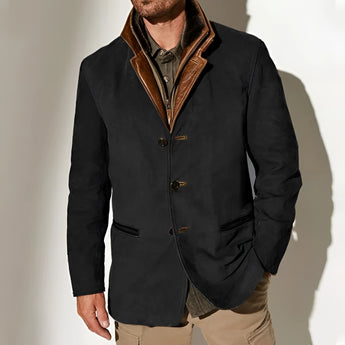 Men's olive green suede blazer with a notched collar, button closure, and front pockets, showcasing a sophisticated and stylish design suitable for luxury sportswear.