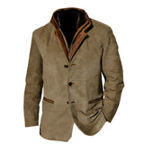 Men's olive green suede blazer featuring a tailored fit with long sleeves, a classic collar, and a button-front closure; designed with side pockets and crafted from high-quality natural materials for a luxurious look.
