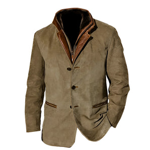Men's olive green suede blazer featuring a tailored fit with long sleeves, a classic collar, and a button-front closure; designed with side pockets and crafted from high-quality natural materials for a luxurious look.