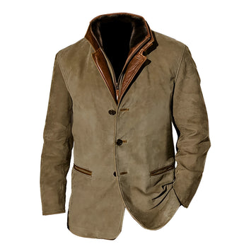 Men's olive green suede blazer featuring a tailored fit with long sleeves, a classic collar, and a button-front closure; designed with side pockets and crafted from high-quality natural materials for a luxurious look.