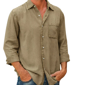 Men's olive green suede shirt with distressed western design, long sleeves, pockets, khaki color, size 5XL