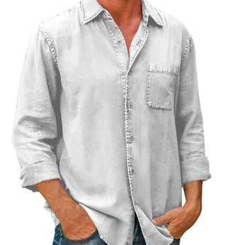 Men's olive green suede shirt, distressed western style, long sleeve with pockets, shown on a mannequin, featuring a collar and buttoned down front.