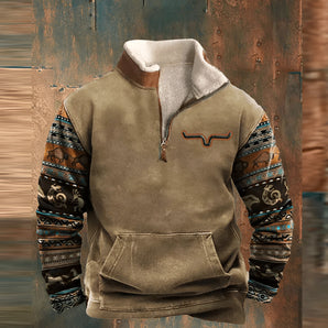 Men's olive green fleece quarter-zip hoodie featuring a tribal design, with long sleeves and a high collar, suitable for outdoor activities.