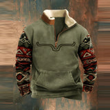 Men's olive green tribal fleece quarter-zip hoodie in size 3XL, featuring a comfortable fit with long sleeves and a collar, suitable for outdoor wear.