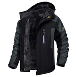 Men's olive green waterproof insulated winter parka with hood, featuring long sleeves, multiple pockets, and protective design, suitable for cold weather conditions.