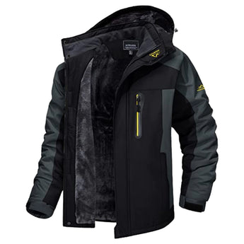 Men's olive green waterproof insulated winter parka with hood, featuring long sleeves, multiple pockets, and protective design, suitable for cold weather conditions.