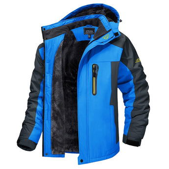 Men's blue winter parka with a hood, featuring insulated and waterproof material, long sleeves, and a high collar, size 3XL.