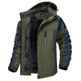 Men's olive green waterproof insulated winter parka with hood, featuring long sleeves, a front zipper closure, multiple pockets, and a high collar, in size 3XL.
