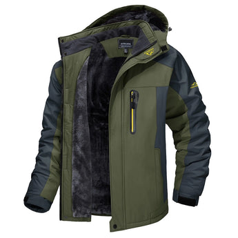 Men's olive green waterproof insulated winter parka with hood, featuring long sleeves, a front zipper closure, multiple pockets, and a high collar, in size 3XL.