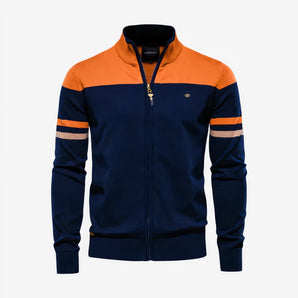 Men's orange-blue two-tone zip-up track jacket featuring a lightweight design, long sleeves, and a collar in size 2XL.