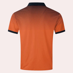 Men's orange moisture-wicking quick-dry athletic shirt with short sleeves and a round collar, designed for sports and active wear.