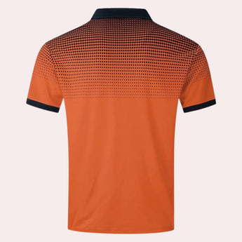 Men's orange moisture-wicking quick-dry athletic shirt with short sleeves and a round collar, designed for sports and active wear.