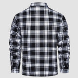 Men's long sleeve plaid flannel shirt in orange tartan pattern, featuring a collar and button-up design suitable for casual wear.