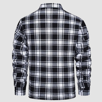 Men's long sleeve plaid flannel shirt in orange tartan pattern, featuring a collar and button-up design suitable for casual wear.