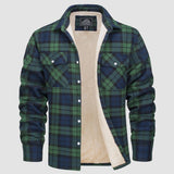 Men's orange plaid flannel shirt with long sleeves in a tartan pattern, featuring a collar and button-up design, displayed in a green color variant, size 2XL.