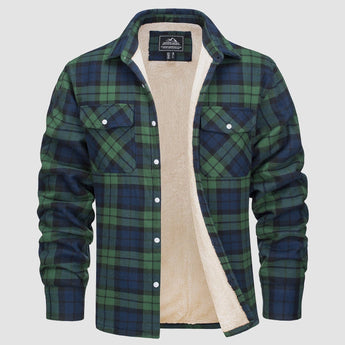 Men's orange plaid flannel shirt with long sleeves in a tartan pattern, featuring a collar and button-up design, displayed in a green color variant, size 2XL.