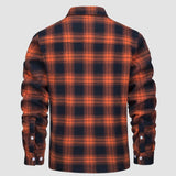 Men's long sleeve orange plaid flannel shirt with a tartan pattern, featuring a collar and button-up design, suitable for casual wear.