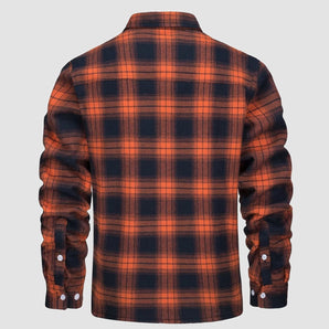 Men's long sleeve orange plaid flannel shirt with a tartan pattern, featuring a collar and button-up design, suitable for casual wear.