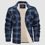 Men's long sleeve plaid flannel shirt in a mix of orange, gray, and blue tartan pattern, suitable for casual wear.