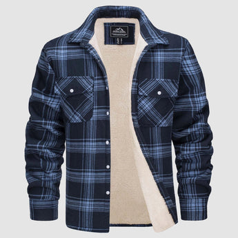 Men's long sleeve plaid flannel shirt in a mix of orange, gray, and blue tartan pattern, suitable for casual wear.
