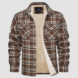 Men's orange plaid flannel shirt featuring a classic tartan pattern, long sleeves, and a button-up collar, shown in brown color and size 2XL.