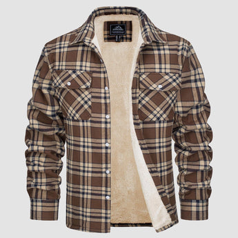 Men's orange plaid flannel shirt featuring a classic tartan pattern, long sleeves, and a button-up collar, shown in brown color and size 2XL.