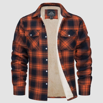 Men's orange plaid flannel shirt with long sleeves in tartan pattern, size 2XL.