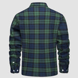 Men's long sleeve orange plaid flannel shirt featuring a tartan pattern and a collar.