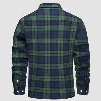 Men's long sleeve orange plaid flannel shirt featuring a tartan pattern and a collar.