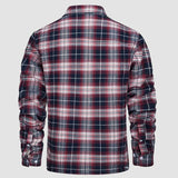Men's orange plaid flannel shirt featuring a tartan pattern with long sleeves and a classic collar.