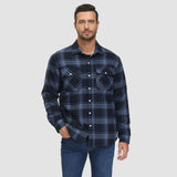 Men's long sleeve orange plaid flannel shirt featuring a tartan pattern, shown worn with visible arm and shoulder details.