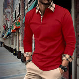 Men's slim fit long sleeve polo shirt in red wine color, featuring a classic collar, designed for fall fashion.