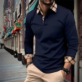 Men's orange polo shirt, slim fit, long sleeve, fall fashion, worn by a model standing with visible neck, shoulders, and waist, showcasing a stylish and modern design.