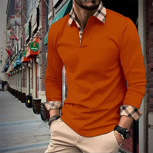 Men's orange long sleeve polo shirt in slim fit, displaying fall fashion style; shown in size 3XL, highlighting shoulder and neck details.