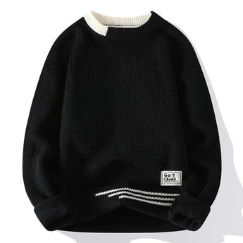 Men's black ribbed knit pullover sweater in size 3XL, featuring long sleeves and a collar, made from organic cotton with a woolen texture for an eco-friendly fashion choice.